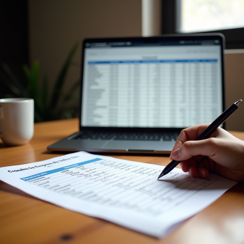 Person working through a personal budget spreadsheet with financial planning documents spread across a desk