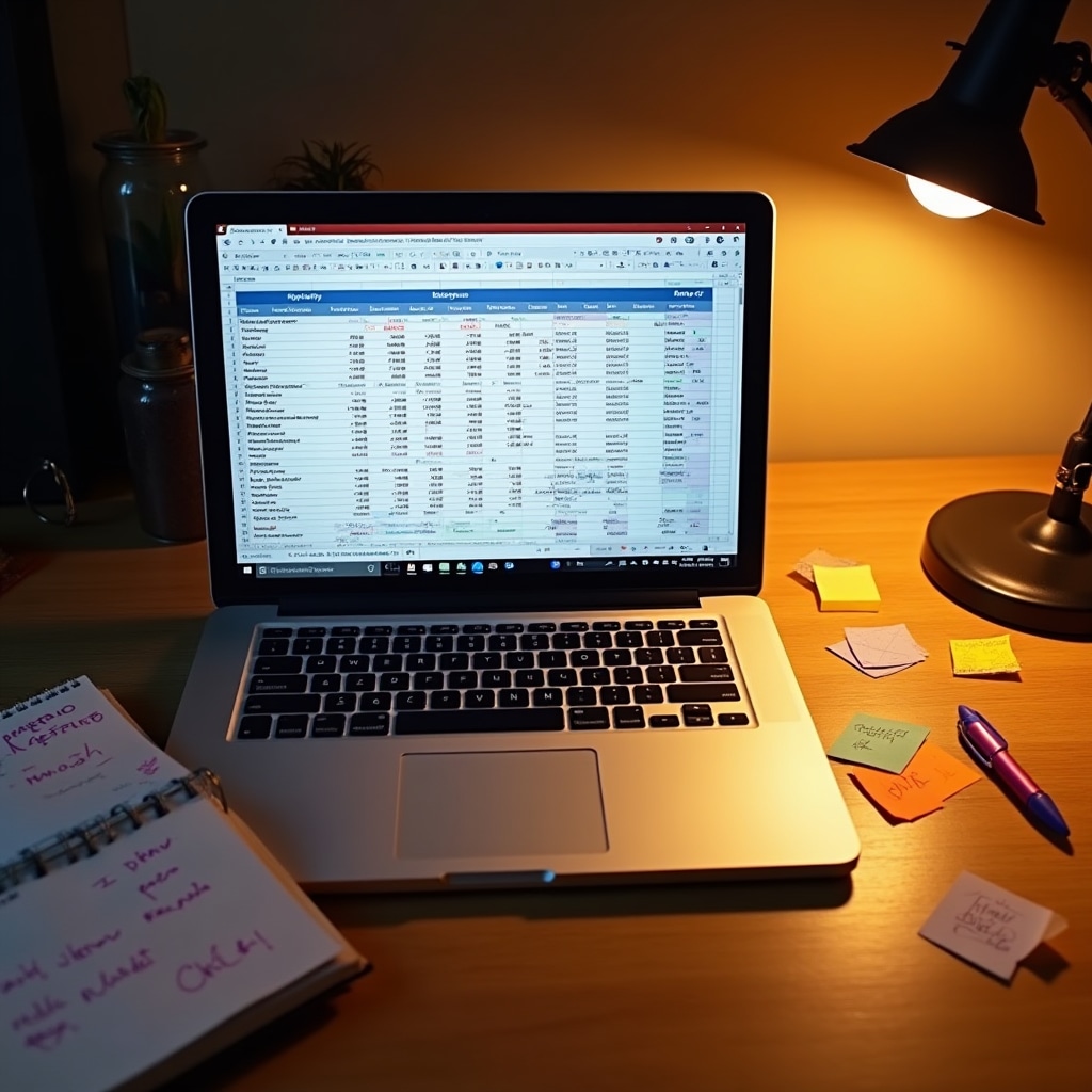 Detailed budget spreadsheet on laptop screen with handwritten notes and a cup of coffee on a wooden desk in natural lighting