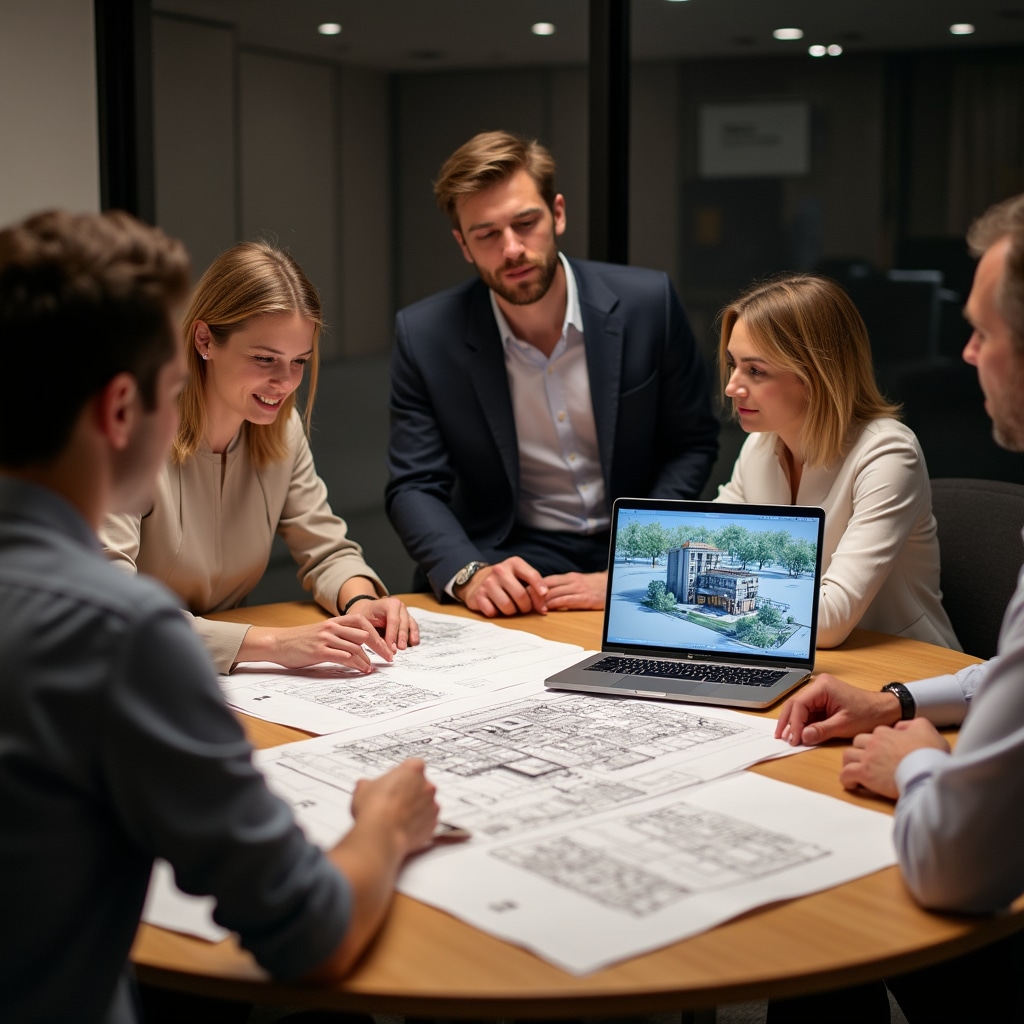Group of four professionals sitting around a round table reviewing architectural blueprints and property development documents, collaborative atmosphere