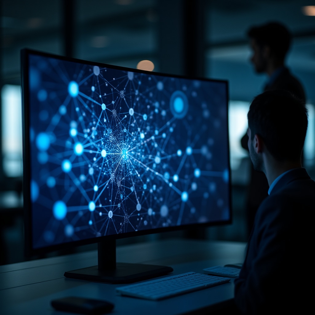 Digital network visualization showing interconnected nodes representing peer-to-peer lending concept, deep blue background with glowing connection lines
