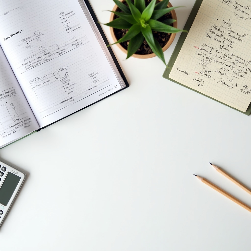 Financial fundamentals study materials including calculator, notebook and basic finance charts on a clean desk