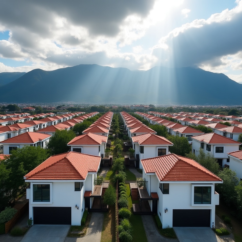 Aerial view of a modern residential development in southern Chile with mountain backdrop and clear blue sky, architectural photography style