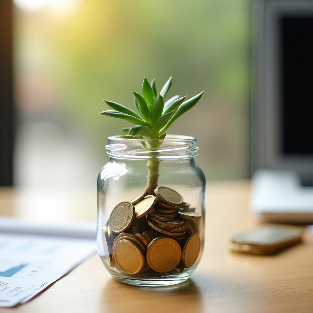Glass jar with coins and a small plant growing from it on a modern desk, representing savings growth concept in soft warm lighting