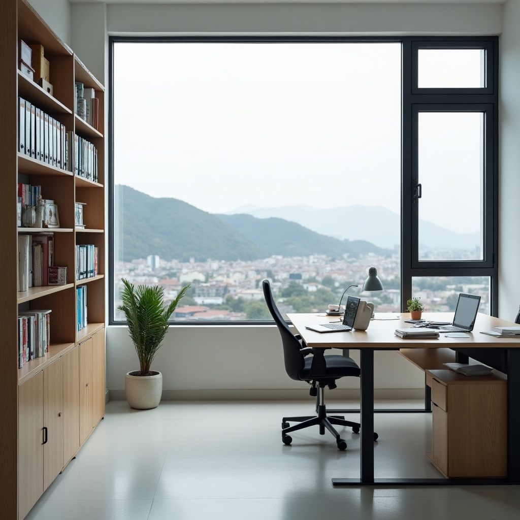 Modern office space in Puerto Montt with views of the city, clean desk setup and educational materials visible