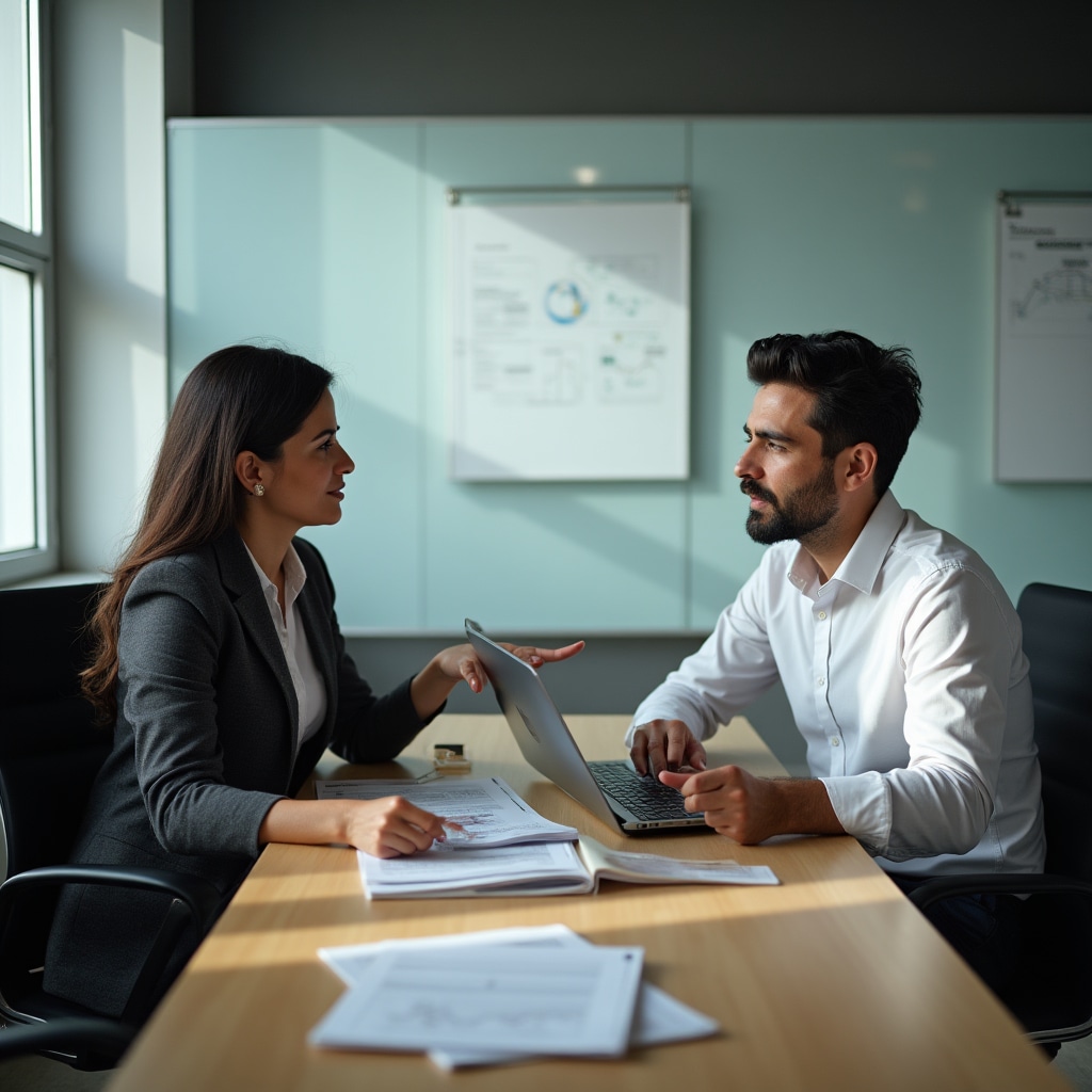 Small team of two professionals, a woman and a man in their late thirties, reviewing curriculum documents together at a modern conference table with laptops open