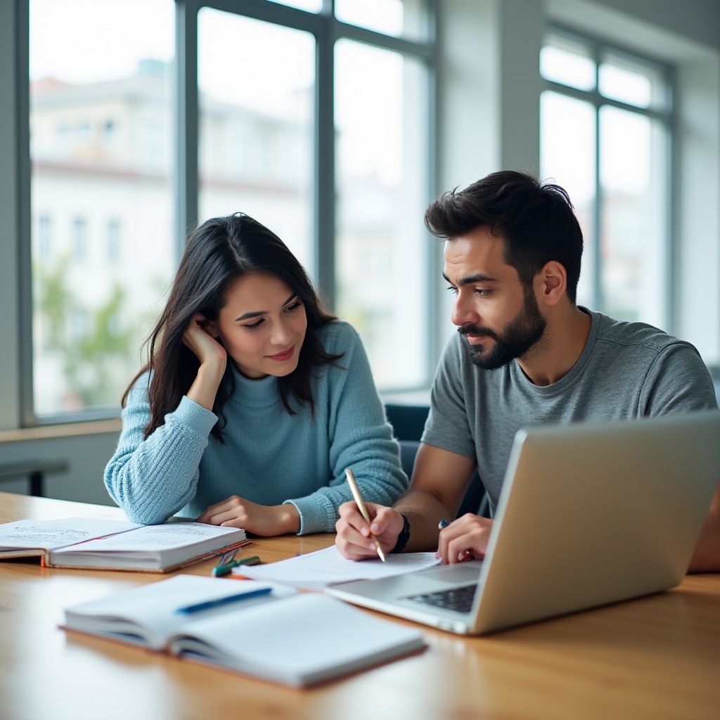 Two young Chilean professionals in their mid-twenties, a woman and a man, studying financial materials together at a bright modern coworking space with laptops and notebooks
